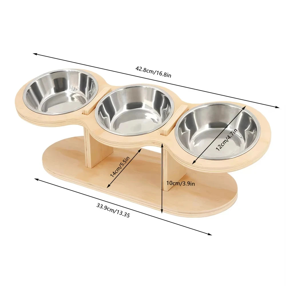 Cat 3 Bowls in 1 Raised Feeder with Silicone Food Mat 15-Degree Tilt Elevated Wood Stand 3 Stainless Steel Bowls