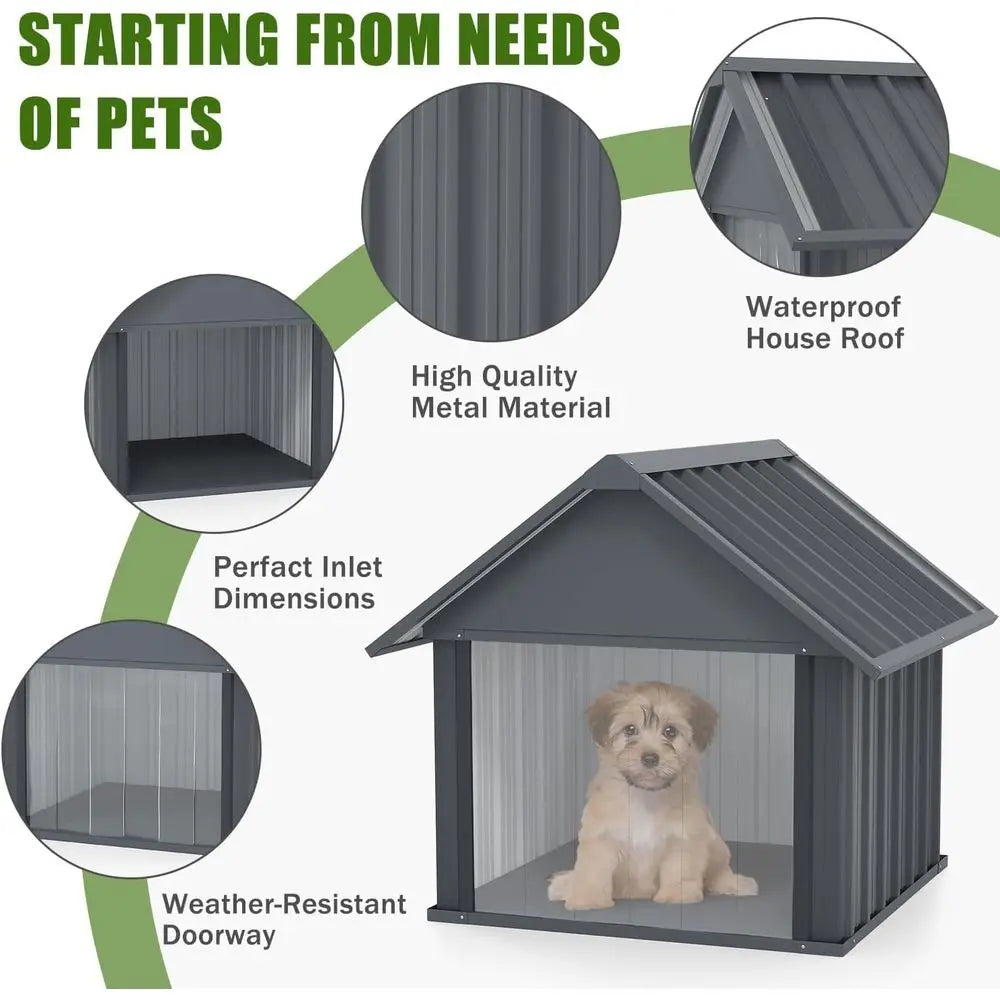 30 Inch Outdoor Dog House With Door Curtain Weatherproof Puppy Shelter Anti‑Chewing Iron Frame For Medium Large Dogs Sturdy Long‑Lasting Dog Tent