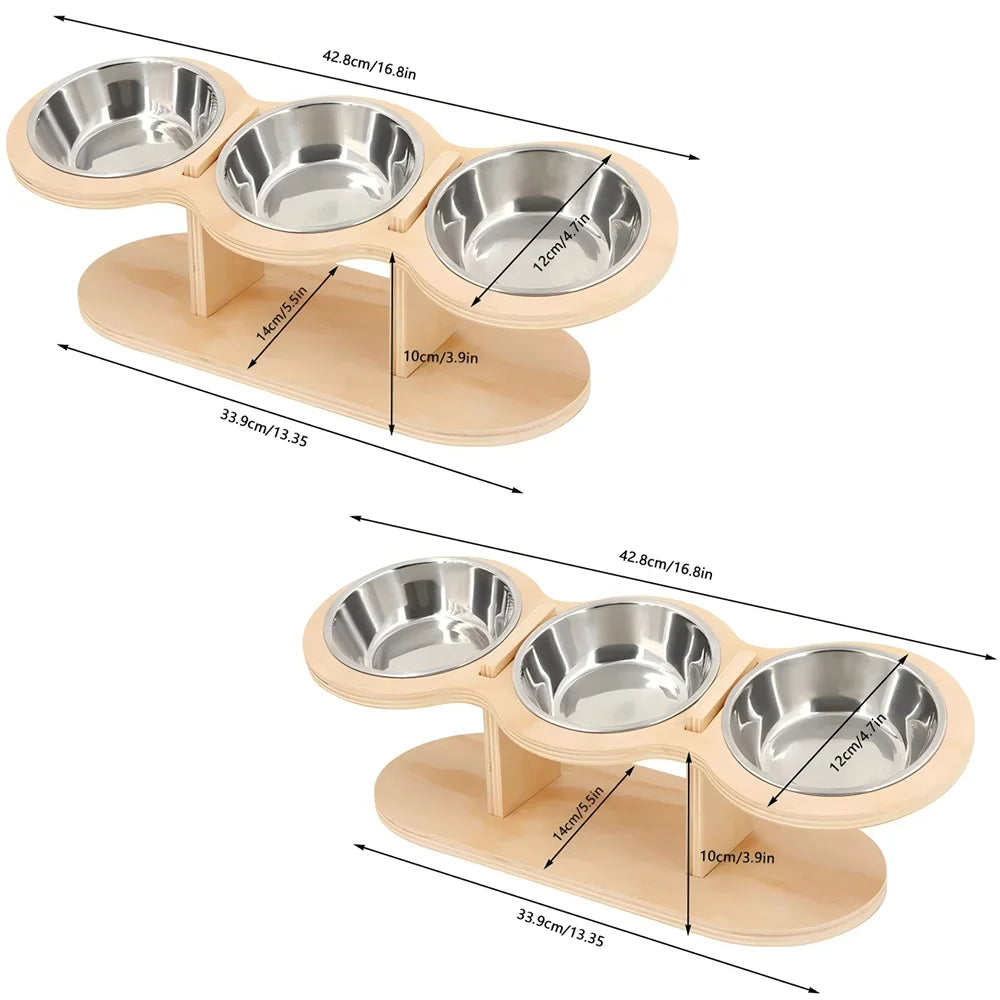 Cat 3 Bowls in 1 Raised Feeder with Silicone Food Mat 15-Degree Tilt Elevated Wood Stand 3 Stainless Steel Bowls