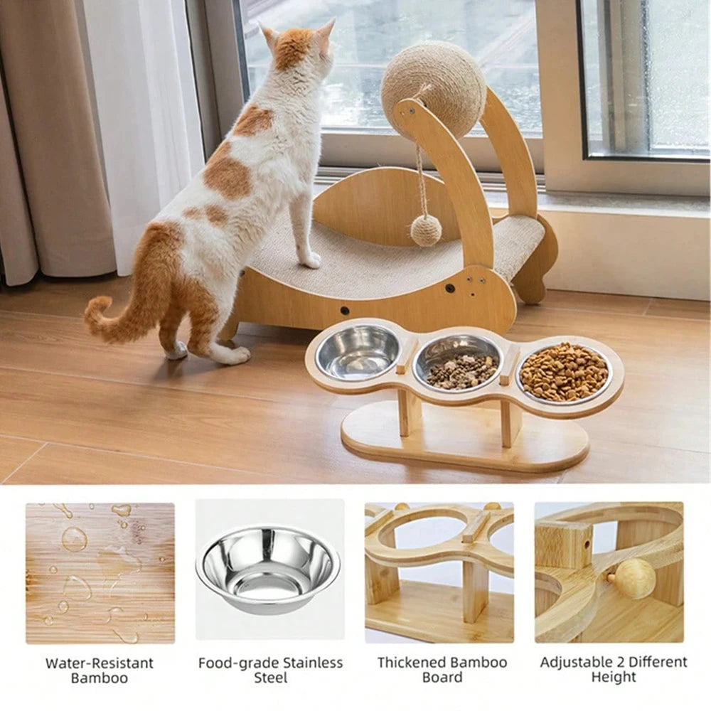 Cat 3 Bowls in 1 Raised Feeder with Silicone Food Mat 15-Degree Tilt Elevated Wood Stand 3 Stainless Steel Bowls
