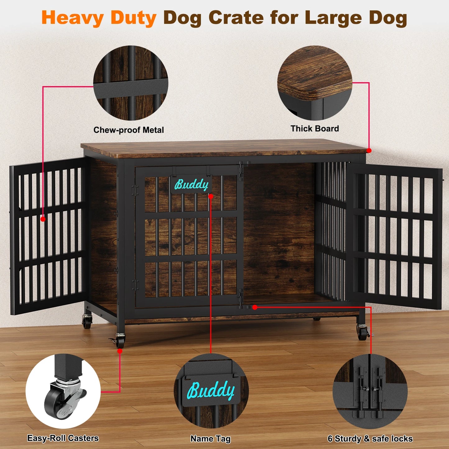 Dog Crate Furniture with Casters, Heavy Duty Dog Kennel Indoor for Large and Medium Dogs, Decorate House as TV Stand, Bedside Table