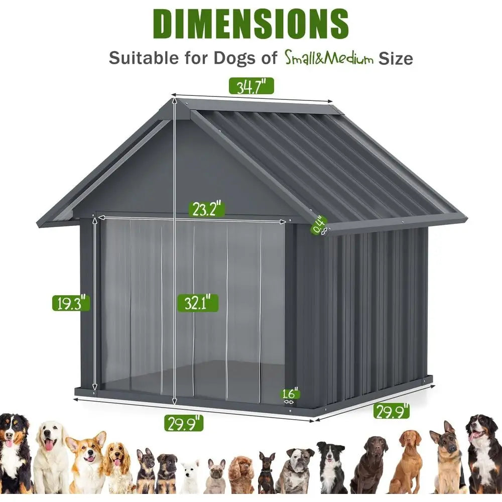 30 Inch Outdoor Dog House With Door Curtain Weatherproof Puppy Shelter Anti‑Chewing Iron Frame For Medium Large Dogs Sturdy Long‑Lasting Dog Tent