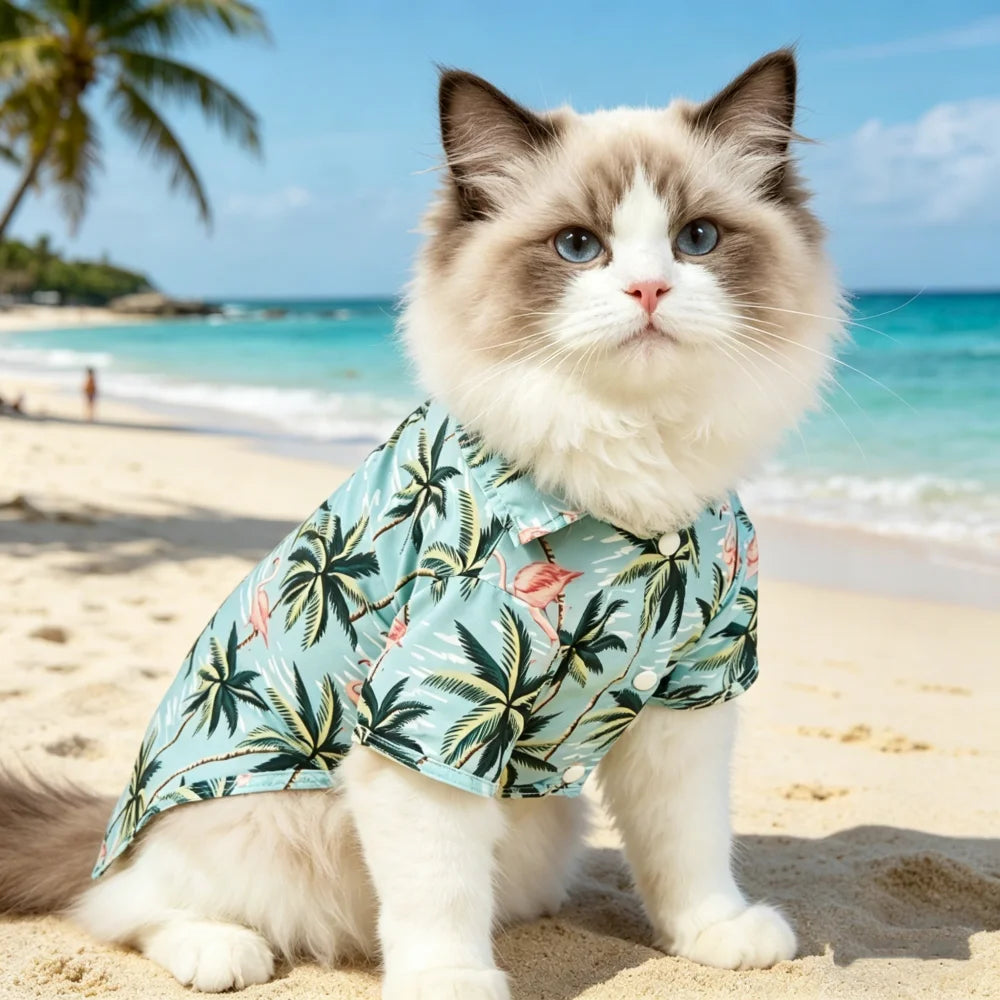 1pc Spring, Summer, Autumn, and Fall Cat and Dog Hawaiian Baseball Short Sleeve Shirts with Leaf and Animal Print Pet Shirts