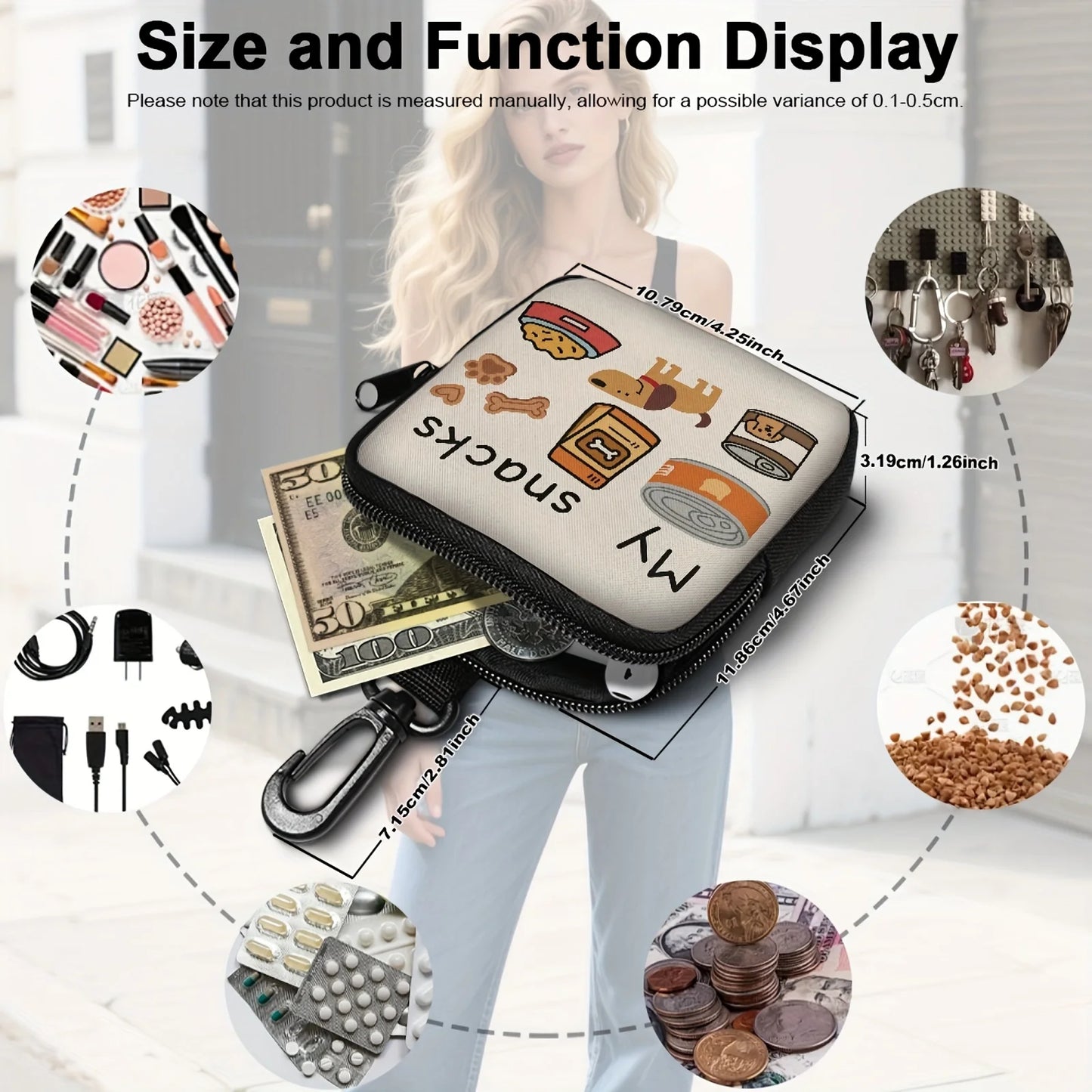 1pc Dog Print Dog Treat Bag with Hook and Zipper - Pet Training, Puppy Pet Training Walking Bag, Dog Training Accessories