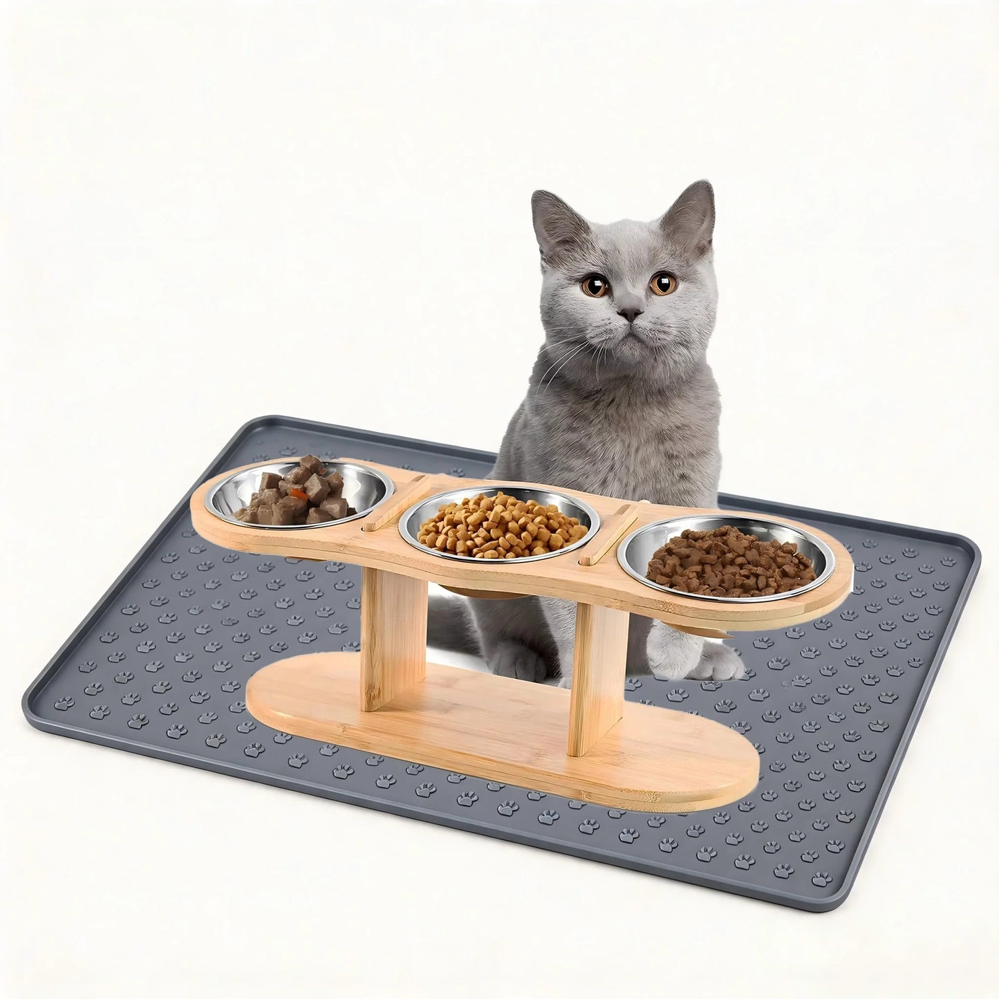 Cat 3 Bowls in 1 Raised Feeder with Silicone Food Mat 15-Degree Tilt Elevated Wood Stand 3 Stainless Steel Bowls