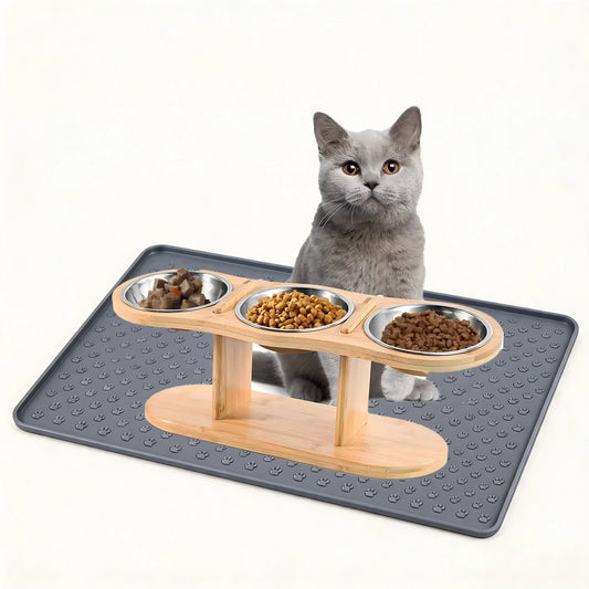 Cat 3 Bowls in 1 Raised Feeder with Silicone Food Mat 15-Degree Tilt Elevated Wood Stand 3 Stainless Steel Bowls