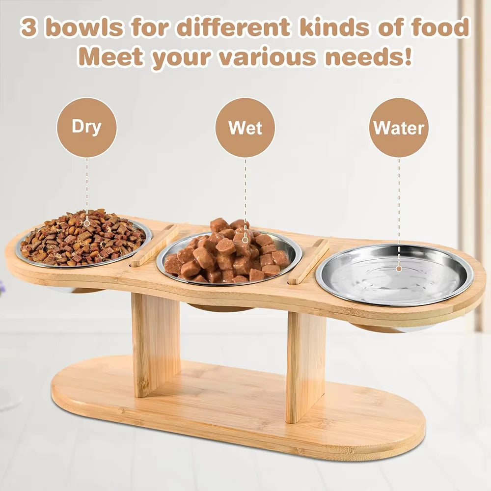 Cat 3 Bowls in 1 Raised Feeder with Silicone Food Mat 15-Degree Tilt Elevated Wood Stand 3 Stainless Steel Bowls