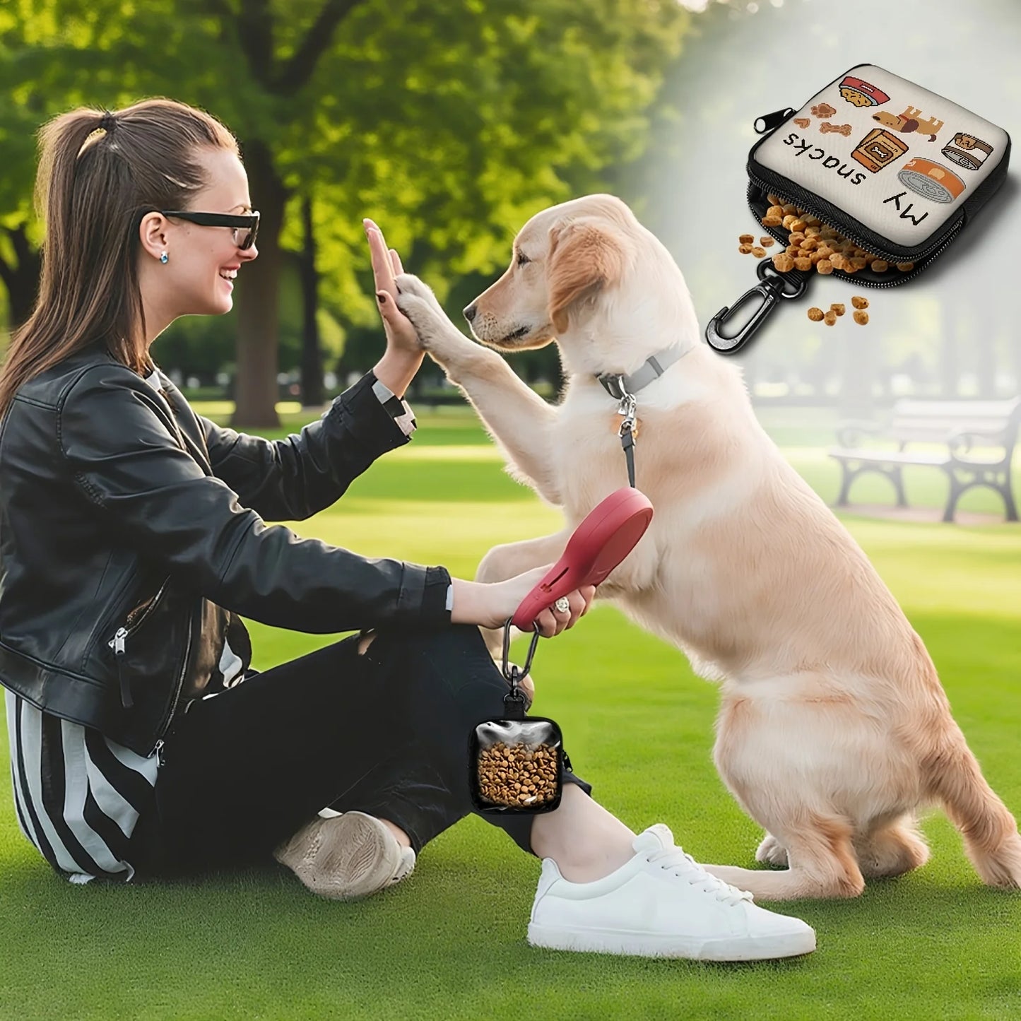 1pc Dog Print Dog Treat Bag with Hook and Zipper - Pet Training Set, Puppy Pet