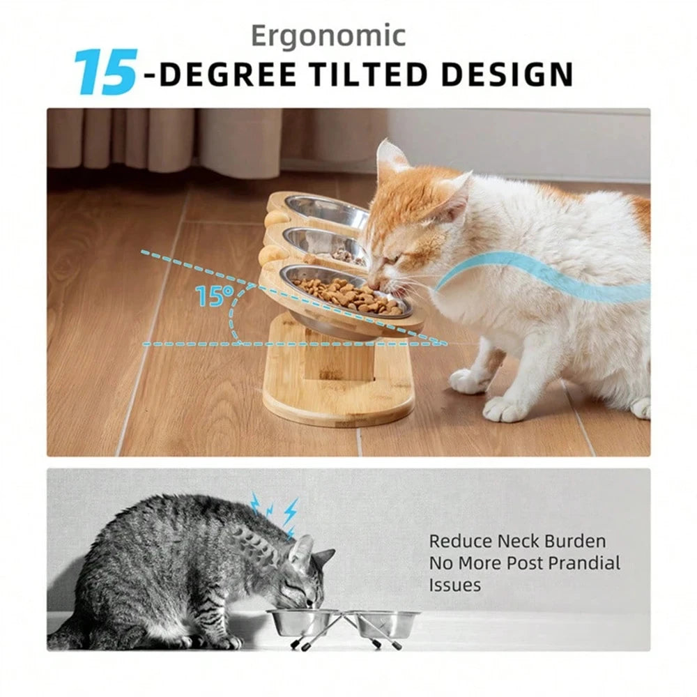 Cat 3 Bowls in 1 Raised Feeder with Silicone Food Mat 15-Degree Tilt Elevated Wood Stand 3 Stainless Steel Bowls