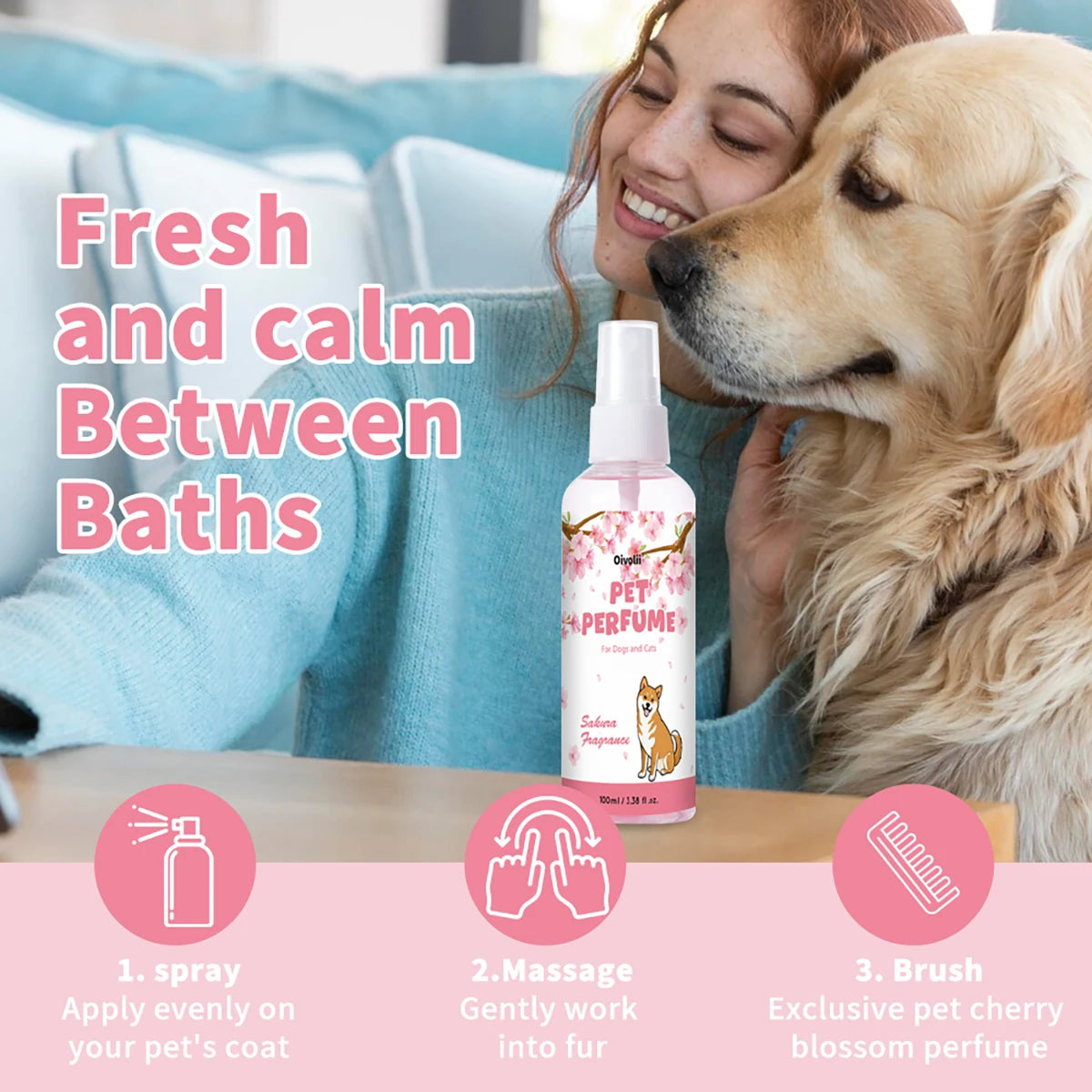 Pet Perfume Spray Natural Sakura Blossom Scent Long-lasting Fragrance Alcohol-free & Mild Odor Removal Suitable for Dogs and Cat