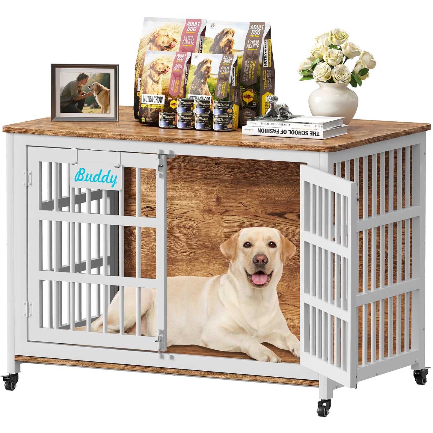 Dog Crate Furniture with Casters, Heavy Duty Dog Kennel Indoor for Large and Medium Dogs, Decorate House as TV Stand, Bedside Table