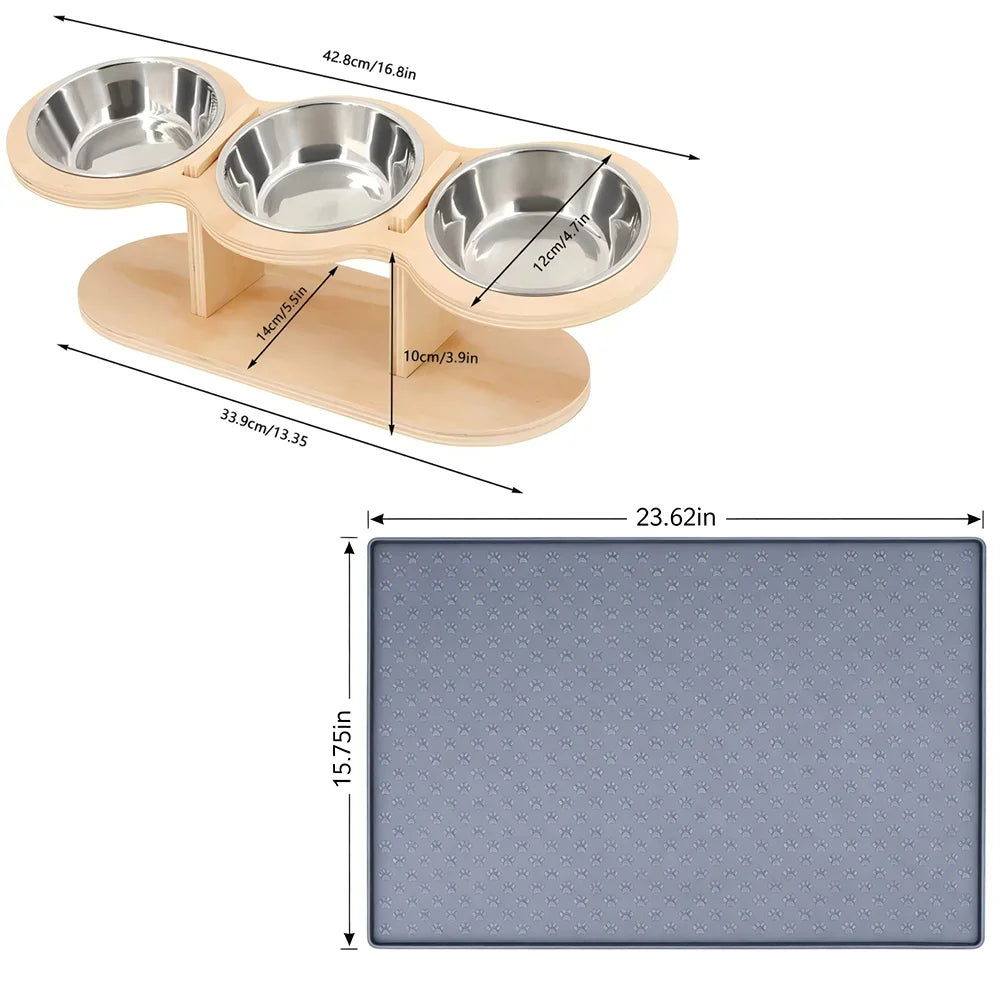 Cat 3 Bowls in 1 Raised Feeder with Silicone Food Mat 15-Degree Tilt Elevated Wood Stand 3 Stainless Steel Bowls